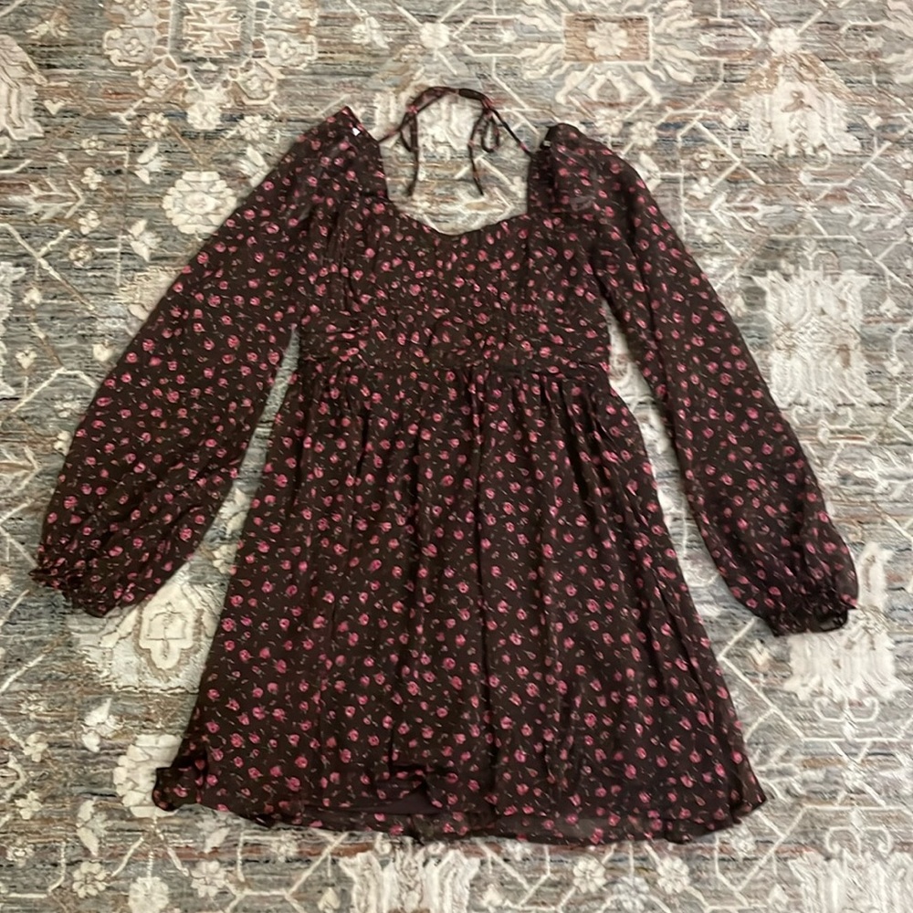 Perfect Afternoon Brown Floral Chiffon Skater Mini Dress